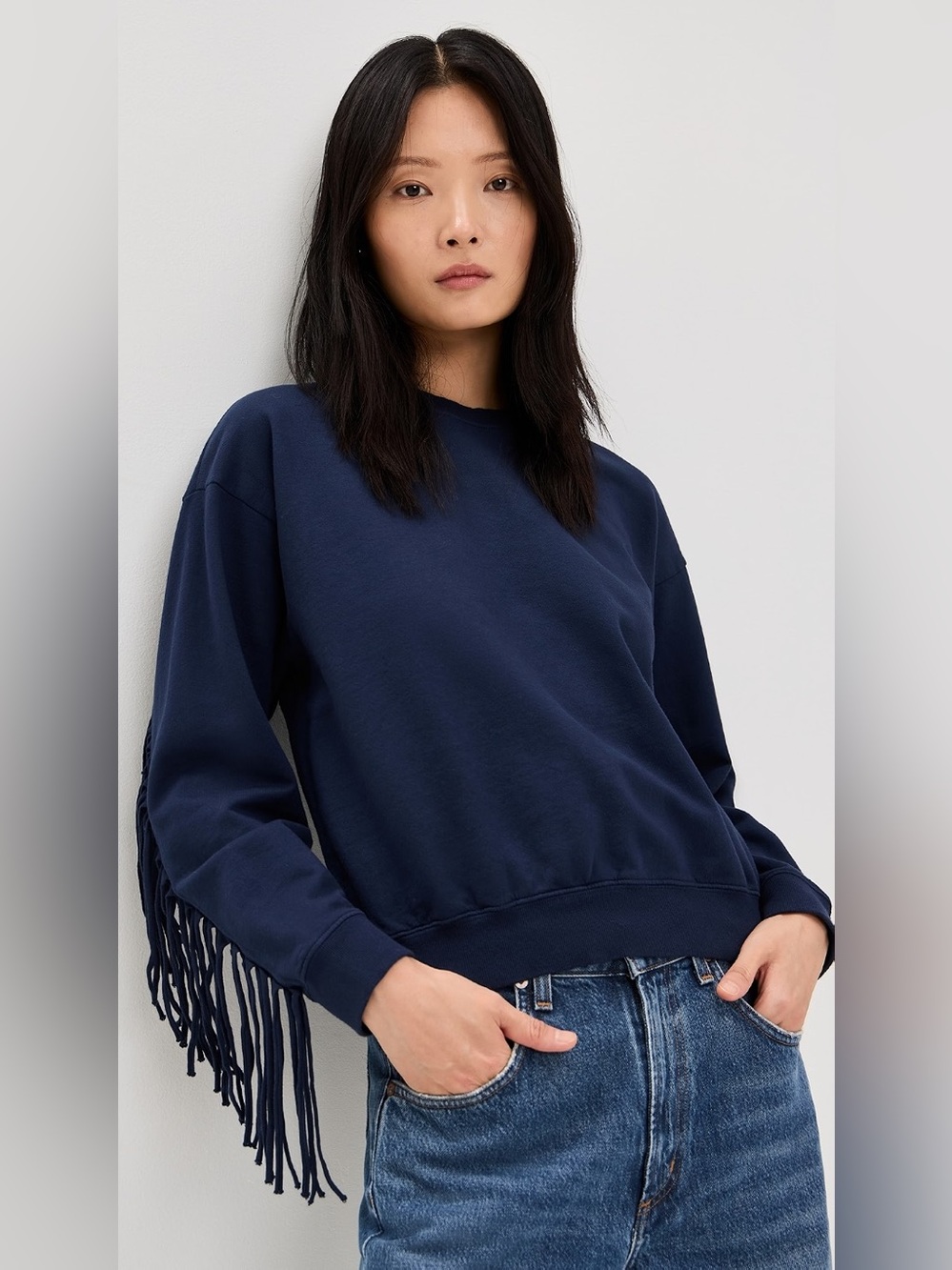 Clare V. Le Drop Fringe Sweatshirt in Navy Blue, Size Medium